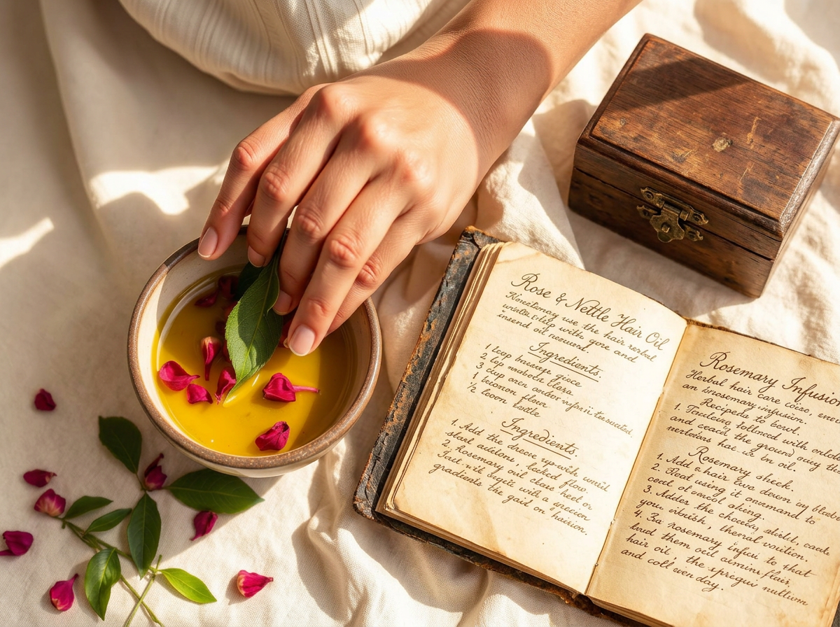 Hands preparing herbal hair oil