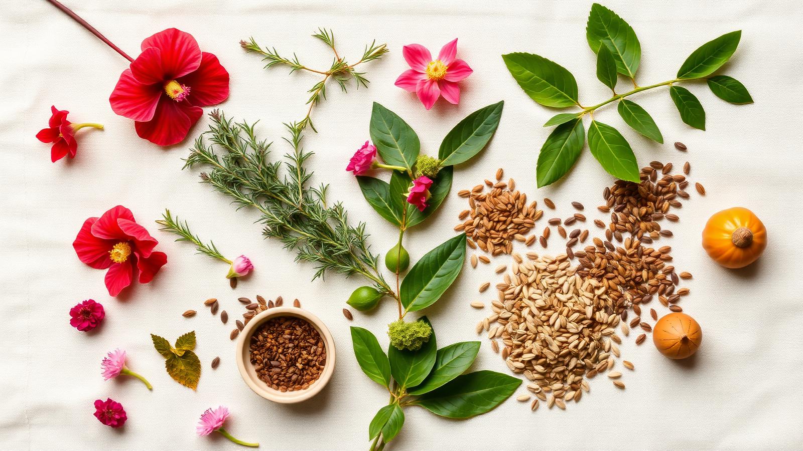 Botanical flat lay of herbal hair care ingredients
